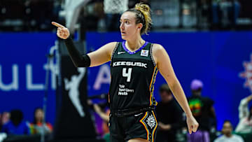 Oct 6, 2024; Uncasville, Connecticut, USA; Connecticut Sun guard Marina Mabrey (4) reacts after her basket against the Minnesota Lynx in the second half during game four of the 2024 WNBA Semi-finals at Mohegan Sun Arena. Mandatory Credit: David Butler II-Imagn Images