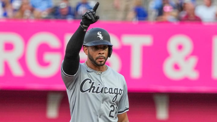 Jul 19, 2024; Kansas City, Missouri, USA; Chicago White Sox right fielder Tommy Pham (28) celebrates after hitting a double against the Kansas City Royals in the first inning at Kauffman Stadium. Mandatory Credit: Denny Medley-USA TODAY Sports