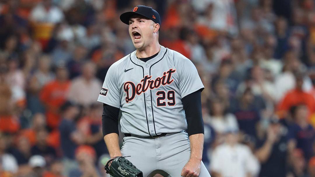 Oct 1, 2024; Houston, Texas, USA; Detroit Tigers pitcher Tarik Skubal (29) reacts after a strikeout against the Houston Astros in the sixth inning in game one of the Wild Card round for the 2024 MLB Playoffs at Minute Maid Park. Mandatory Credit: Troy Taormina-Imagn Images