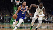 New York Knicks guard Jalen Brunson drives on Boston Celtics guard Jaylen Brown last season. 