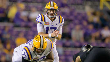 Oct 21, 2023; Baton Rouge, Louisiana, USA; LSU Tigers quarterback Garrett Nussmeier (13) lines up against the Army Black Knights during the fourth quarter at Tiger Stadium. Mandatory Credit: Matthew Hinton-USA TODAY Sports