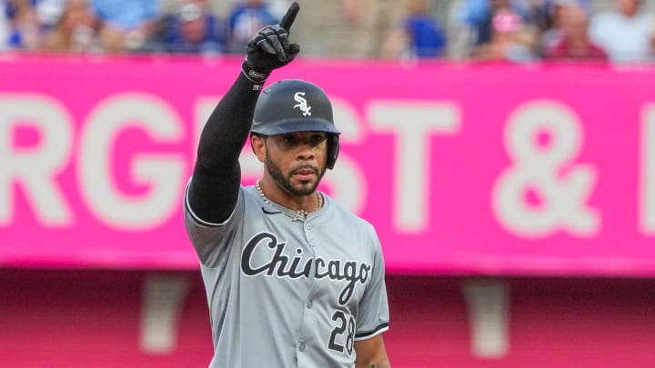 Jul 19, 2024; Kansas City, Missouri, USA; Chicago White Sox right fielder Tommy Pham (28) celebrates after hitting a double against the Kansas City Royals in the first inning at Kauffman Stadium. Mandatory Credit: Denny Medley-USA TODAY Sports