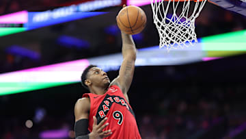 Mar 30, 2025; Philadelphia, Pennsylvania, USA; Toronto Raptors guard RJ Barrett (9) dunks the ball against the Philadelphia 76ers during the fourth quarter at Wells Fargo Center. Mandatory Credit: Bill Streicher-Imagn Images