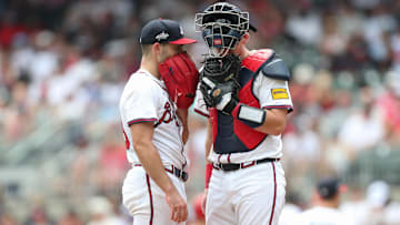 Jun 29, 2025; Cumberland, Georgia, Atlanta Braves starting pitcher Spencer Strider (99) and Atlanta Braves catcher Sean Murphy (12) meet on the mound during a game Philadelphia Phillies during the fifth inning at Truist Park. Mandatory Credit: Mady Mertens-Imagn Images