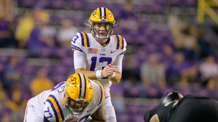 Oct 21, 2023; Baton Rouge, Louisiana, USA; LSU Tigers quarterback Garrett Nussmeier (13) lines up against the Army Black Knights during the fourth quarter at Tiger Stadium. Mandatory Credit: Matthew Hinton-USA TODAY Sports