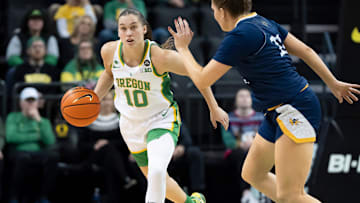 Oregon guard Peyton Scott moves the ball up the court as the Oregon Ducks host the UC Irvine Anteaters on Thursday, Dec. 19, 2024, at Matthew Knight Arena in Eugene, Ore.