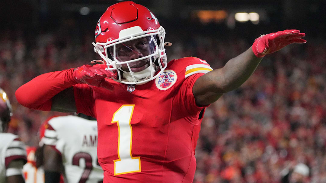 Oct 27, 2025; Kansas City, Missouri, USA; Kansas City Chiefs wide receiver Xavier Worthy (1) celebrates after a play against the Washington Commanders during the first quarter of the game at GEHA Field at Arrowhead Stadium.