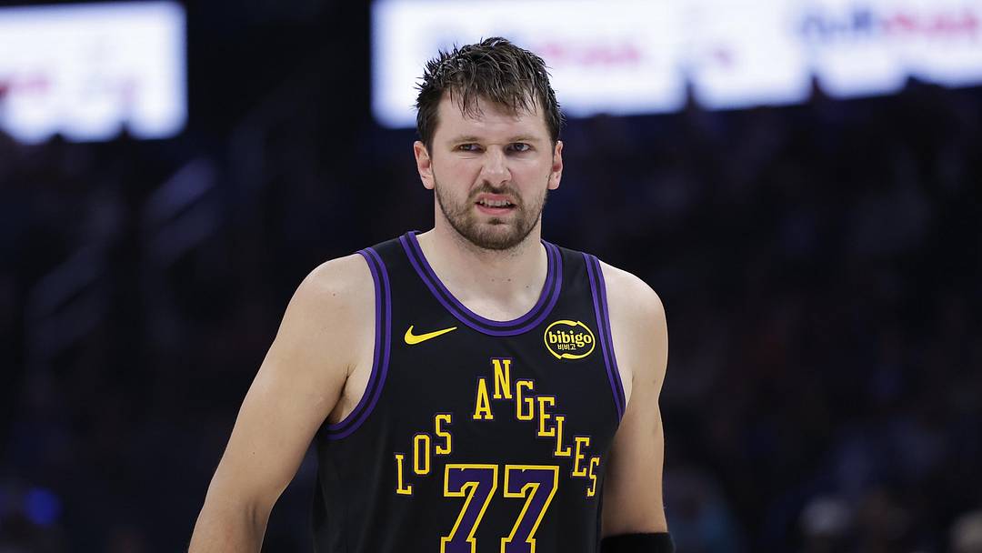 Apr 2, 2026; Oklahoma City, Oklahoma, USA; Los Angeles Lakers guard Luka Doncic (77) reacts after a play against the Oklahoma City Thunder during the second half at Paycom Center. Mandatory Credit: Alonzo Adams-Imagn Images