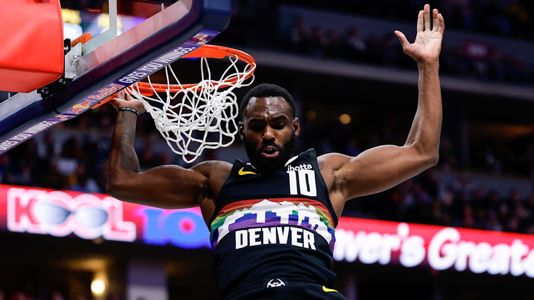 Jan 17, 2026; Denver, Colorado, USA; Denver Nuggets guard Tim Hardaway Jr. (10) dunks the ball in the second quarter against the Washington Wizards at Ball Arena. Mandatory Credit: Isaiah J. Downing-Imagn Images