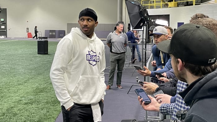 Michael Penix Jr. meets with local media members at UW Pro Day.