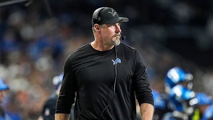 Lions coach Dan Campbell watches from the sideline's during his team's 31–9 win over the Vikings. Lions coach Dan Campbell watches from the sideline's during his team's 31–9 win over the Vikings.
