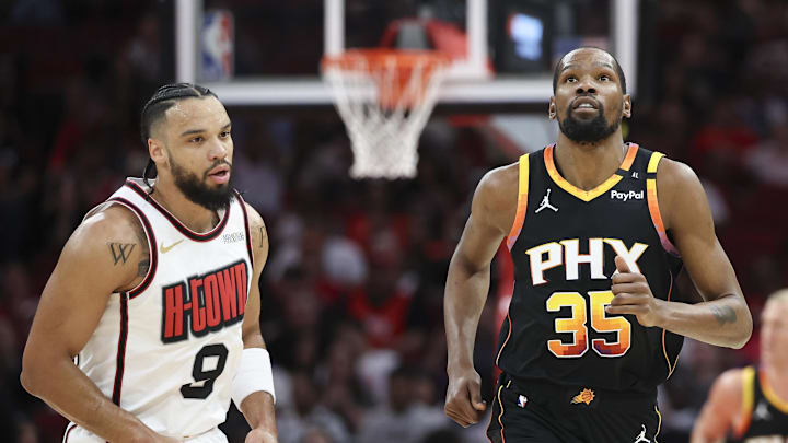 Suns forward Durant looks up after a play against the Houston Rockets at Toyota Center. 