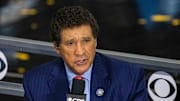 CBS announcer Greg Gumbel prior to the national championship game in the Final Four of the 2021 NCAA Tournament between the Gonzaga Bulldogs and the Baylor Bears at Lucas Oil Stadium. 