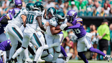 Aug 24, 2024; Philadelphia, Pennsylvania, USA; Philadelphia Eagles running back Tyrion Davis-Price (35) runs the ball during the first quarter against the Minnesota Vikings at Lincoln Financial Field. Mandatory Credit: Caean Couto-USA TODAY Sports