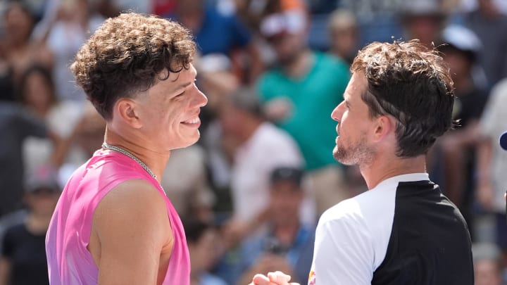 Aug 26, 2024; Flushing, NY, USA; Ben Shelton of the USA after beating Dominic Thiem of Austria on day one of the 2024 U.S. Open tennis tournament at USTA Billie Jean King National Tennis Center. 