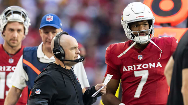 Arizona Cardinals offensive coordinator Drew Petzing with quarterback Jacoby Brissett (7) against the Los Angeles Rams at State Farm Stadium.