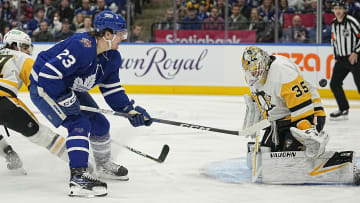 Dec 16, 2023; Toronto, Ontario, CAN; Toronto Maple Leafs forward Matthew Knies (23) scores against