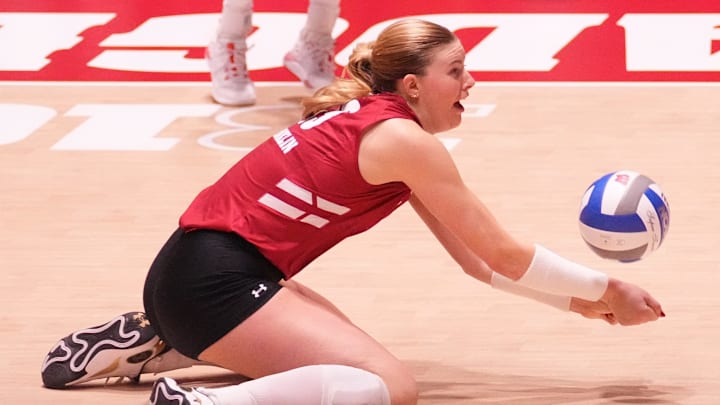 Wisconsin's Sarah Franklin (13) dives for a save during the match against Michigan State on Saturday, November 30, 2024 at the UW Field House in Madison, Wisconsin.
