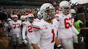 Ohio State Buckeyes quarterback Justin Fields (1) takes the field prior to the NCAA football game between the Michigan Wolverines and the Ohio State Buckeyes at Michigan Stadium in Ann Arbor, Mich. on Saturday, Nov. 30, 2019.