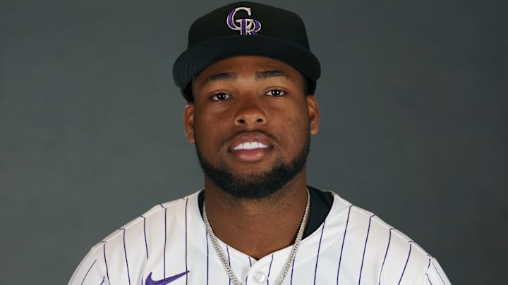 Feb 20, 2025; Scottsdale, AZ, USA;  Colorado Rockies outfielder Yanquiel Fernandez (82) as shot during MLB Media Day at Salt River Fields. 