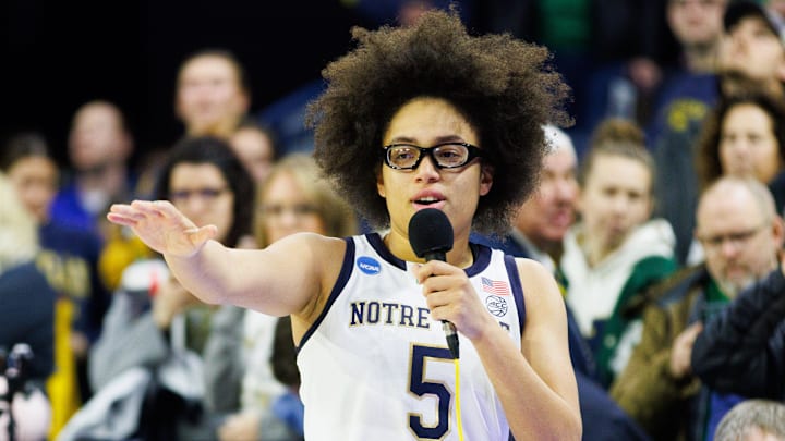 Notre Dame guard Olivia Miles addresses the crowd after winning the second round of the NCAA Women's Basketball Tournament 76-55 against Michigan at Purcell Pavilion on Sunday, March 23, 2025, in South Bend.