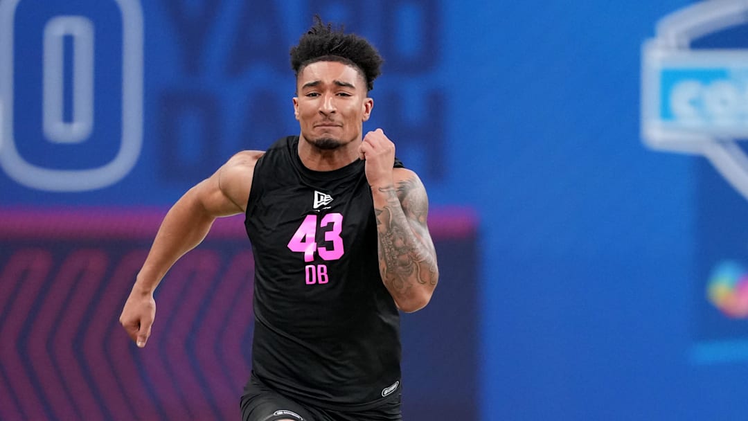 Feb 27, 2026; Indianapolis, IN, USA; Iowa defensive back Xavier Nwankpa (DB43) during the NFL Scouting Combine at Lucas Oil Stadium. Mandatory Credit: Kirby Lee-Imagn Images