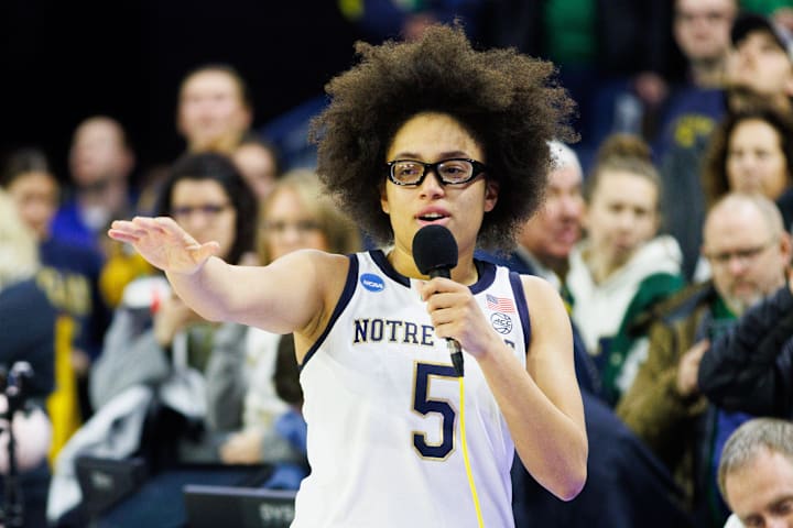 Notre Dame guard Olivia Miles addresses the crowd after winning in the second round of the NCAA Women's Basketball Tournament