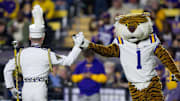 Nov 23, 2024; Baton Rouge, Louisiana, USA;  LSU Tigers mascot Mike the Tiger against the Vanderbilt Commodores during the first half at Tiger Stadium. Mandatory Credit: Stephen Lew-Imagn Images