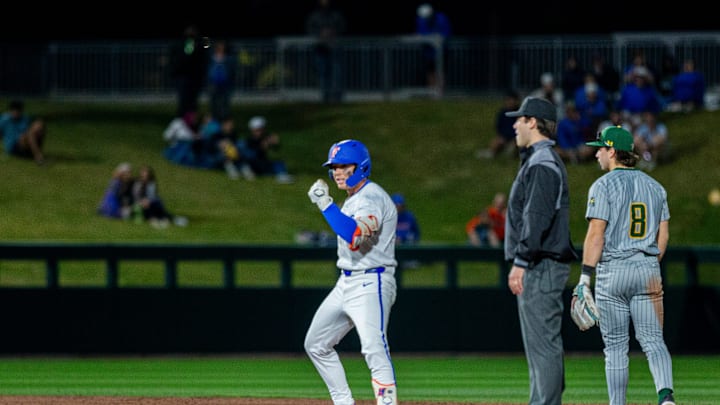 Florida's infielder Blake Cyr (5) with a standup double against UAB, Friday, February 13, 2026, at Condron Family Ballpark in Gainesville, Florida. The Gators lost Game 1 to the Blazers 9-7. [Cyndi Chambers/ Gainesville Sun] 2026