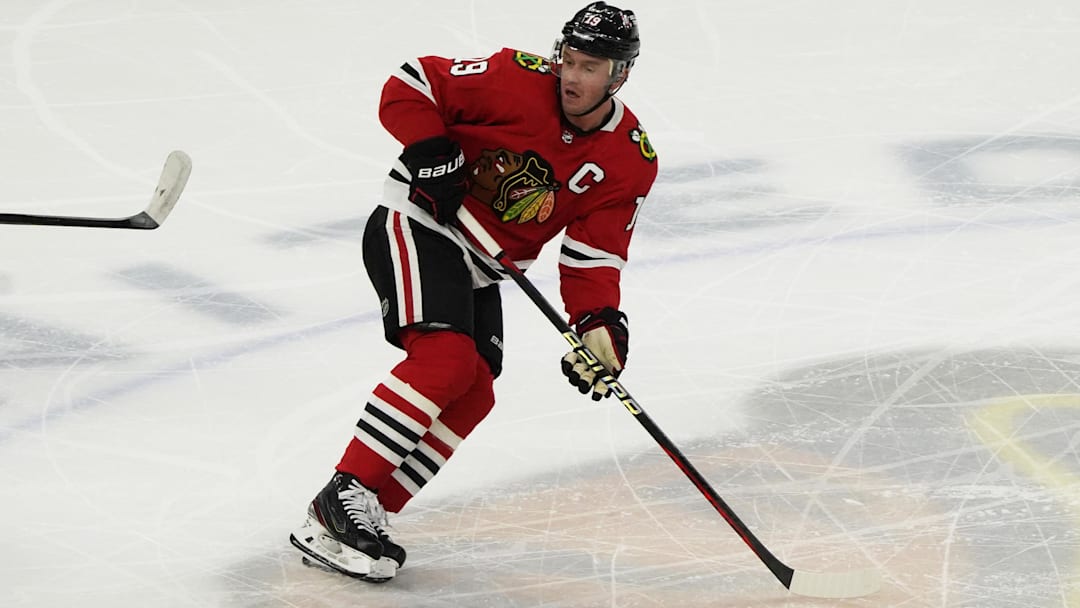 Apr 13, 2023; Chicago, Illinois, USA; Chicago Blackhawks center Jonathan Toews (19) plays in his last game as a Blackhawk against the Philadelphia Flyers during the first period at United Center. Mandatory Credit: David Banks-Imagn Images