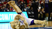 Mar 18, 2016; St. Louis, MO, USA; Weber State Wildcats mascot breakdances during the first half of the game in the first round against the Xavier Musketeers in the 2016 NCAA Tournament at Scottrade Center. Mandatory Credit: Jeff Curry-Imagn Images
