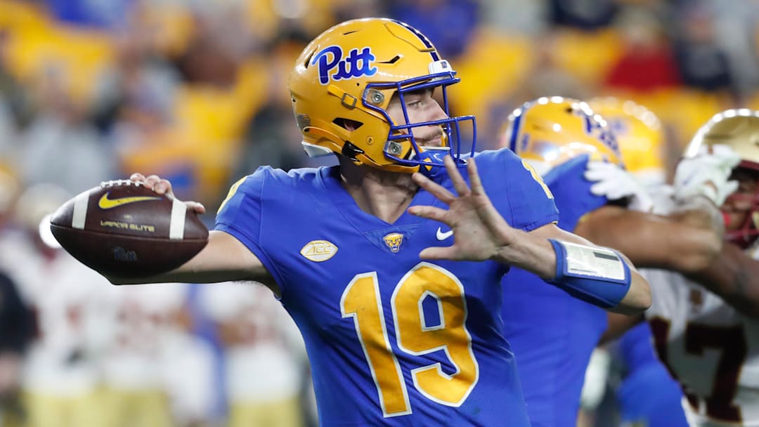 Nov 16, 2023; Pittsburgh, Pennsylvania, USA;  Pittsburgh Panthers quarterback Nate Yarnell (19) passes against the Boston College Eagles during the third quarter at Acrisure Stadium. Mandatory Credit: Charles LeClaire-Imagn Images
