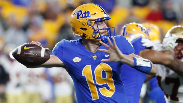 Nov 16, 2023; Pittsburgh, Pennsylvania, USA;  Pittsburgh Panthers quarterback Nate Yarnell (19) passes against the Boston College Eagles during the third quarter at Acrisure Stadium. Mandatory Credit: Charles LeClaire-USA TODAY Sports