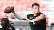 Nov 2, 2024; Auburn, Alabama, USA;  Vanderbilt Commodores quarterback Diego Pavia (2) warms up before the game against the Auburn Tigers at Jordan-Hare Stadium. Mandatory Credit: John Reed-Imagn Images