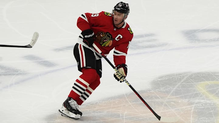 Apr 13, 2023; Chicago, Illinois, USA; Chicago Blackhawks center Jonathan Toews (19) plays in his last game as a Blackhawk against the Philadelphia Flyers during the first period at United Center. Mandatory Credit: David Banks-Imagn Images