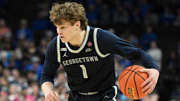 Feb 13, 2024; Omaha, Nebraska, USA;  Georgetown Hoyas guard Rowan Brumbaugh (1) dribbles against the Creighton Bluejays in the first half at CHI Health Center Omaha.