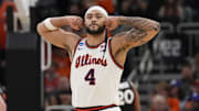 Mar 21, 2025; Milwaukee, WI, USA: Illinois Fighting Illini guard Kylan Boswell (4) gestures during the second half against the Xavier Musketeers at Fiserv Forum. Mandatory Credit: Jeff Hanisch-Imagn Images