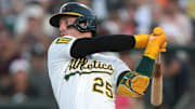 Athletics designated hitter Brent Rooker (25) bats against the San Francisco Giants during the fourth inning at Sutter Health Park.