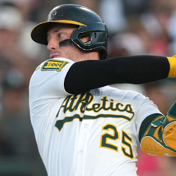 Athletics designated hitter Brent Rooker (25) bats against the San Francisco Giants during the fourth inning at Sutter Health Park.