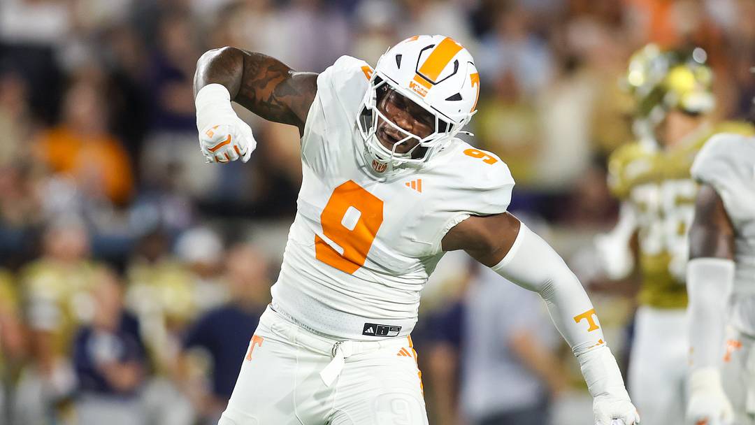 Sep 12, 2026; Atlanta, Georgia, USA; Tennessee Volunteers defensive lineman Mariyon Dye (9) reacts after a sack against the Georgia Tech Yellow Jackets in the fourth quarter at Bobby Dodd Stadium at Hyundai Field. Mandatory Credit: Brett Davis-Imagn Images