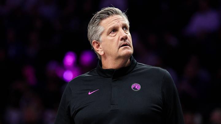 Mar 28, 2026; Minneapolis, Minnesota, USA; Minnesota Timberwolves head coach Chris Finch looks on during the first half against the Detroit Pistons at Target Center. Mandatory Credit: Matt Krohn-Imagn Images