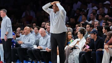 Nov 17, 2025; Miami, Florida, USA; New York Knicks head coach Mike Brown reacts against the Miami Heat during the second quarter at Kaseya Center. Mandatory Credit: Sam Navarro-Imagn Images