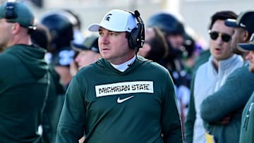 Nov 2, 2024; East Lansing, Michigan, USA;  Michigan State Spartans head coach Jonathan Smith looks over his sidelines during the first quarter against the Indiana Hoosiers at Spartan Stadium. Mandatory Credit: Dale Young-Imagn Images
