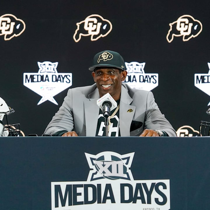 Colorado head coach Deion Sanders speaks with the media during 2025 Big 12 Football Media Days at The Star. 