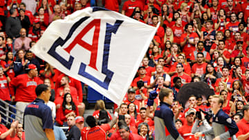 Jan 16, 2014; Tucson, AZ, USA; An Arizona Wildcats flag is waved before the first half against the Arizona State Sun Devils at McKale Center. Arizona won 91-68. Mandatory Credit: Casey Sapio-Imagn Images