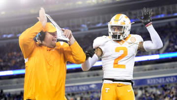 Tennessee Head Coach Josh Heupel celebrates a touchdown by Tennessee defensive back Alontae Taylor (2) during an SEC football game between Tennessee and Kentucky at Kroger Field in Lexington, Ky. on Saturday, Nov. 6, 2021.

Kns Tennessee Kentucky Football