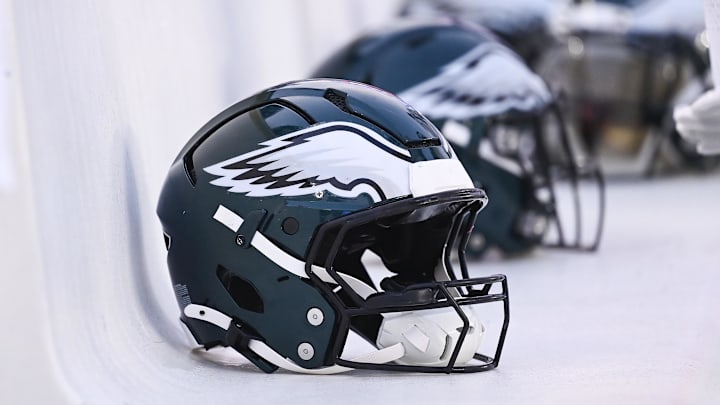 Aug 15, 2024; Foxborough, MA, USA; Philadelphia Eagles helmets sit on the bench during the first half against the New England Patriots at Gillette Stadium. Mandatory Credit: Eric Canha-Imagn Images