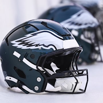 Aug 15, 2024; Foxborough, MA, USA; Philadelphia Eagles helmets sit on the bench during the first half against the New England Patriots at Gillette Stadium. Mandatory Credit: Eric Canha-Imagn Images