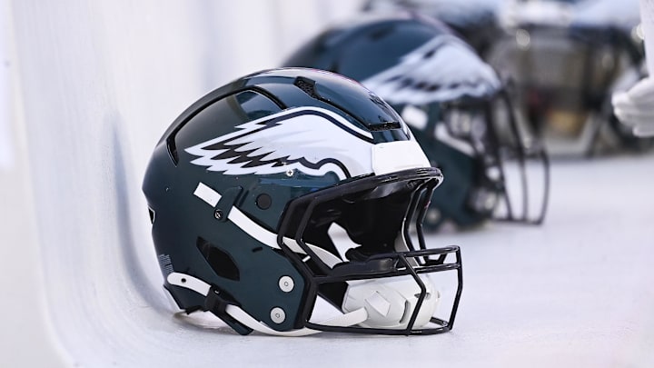 Aug 15, 2024; Foxborough, MA, USA; Philadelphia Eagles helmets sit on the bench during the first half against the New England Patriots at Gillette Stadium. Mandatory Credit: Eric Canha-Imagn Images