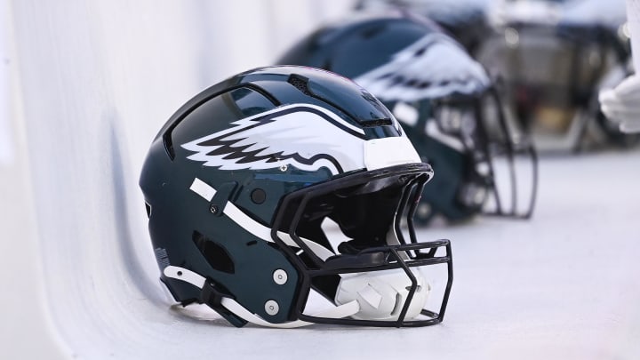 Aug 15, 2024; Foxborough, MA, USA; Philadelphia Eagles helmets sit on the bench during the first half against the New England Patriots at Gillette Stadium. Mandatory Credit: Eric Canha-USA TODAY Sports